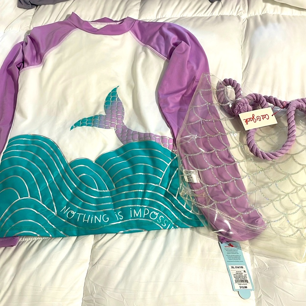 Cat & Jack Mermaid Girls Swim Shirt Rashguard Bundle with Wave Beach Bag NWT